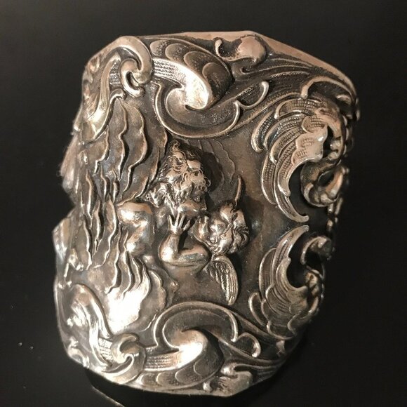 Kissing Cherub Wide Sterling Silver Cuff Bracelet Unger Brothers Angel Putti - Picture 1 of 13